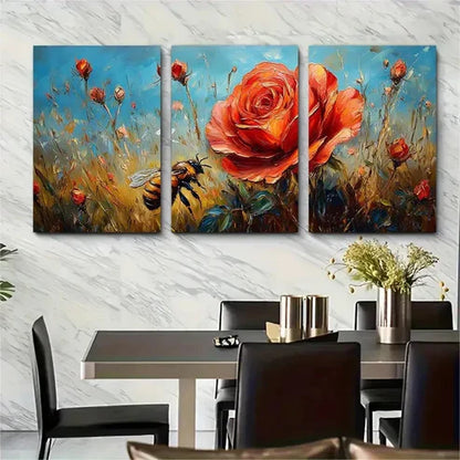 3pcs Red Rose Dog Floral Impasto Meadow – Wall Art Canvas Unframed – High Quality Print 100% Australian Made Wall Canvas