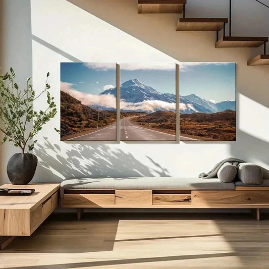3pcs Snowy Mountains Roads Natural Wall Art Set Canvas Framed 40x60cm - High Quality Print 100% Australian Made Wall Canvas Ready to Hang