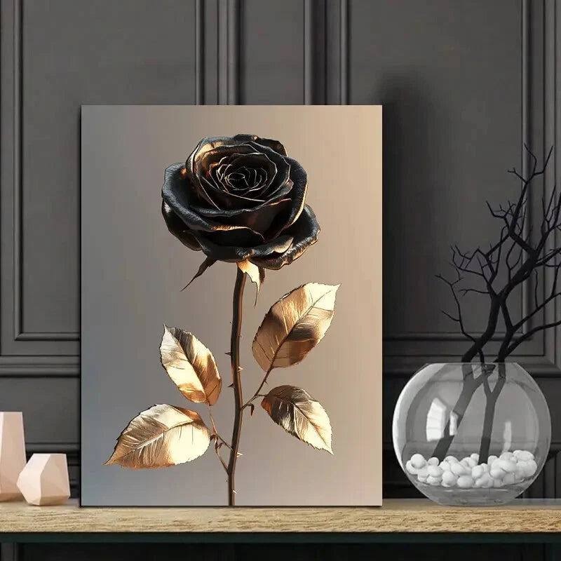 Elegant Black Rose with Golden Leaves Painting 40x60cm Metal Print Ready to Hang
