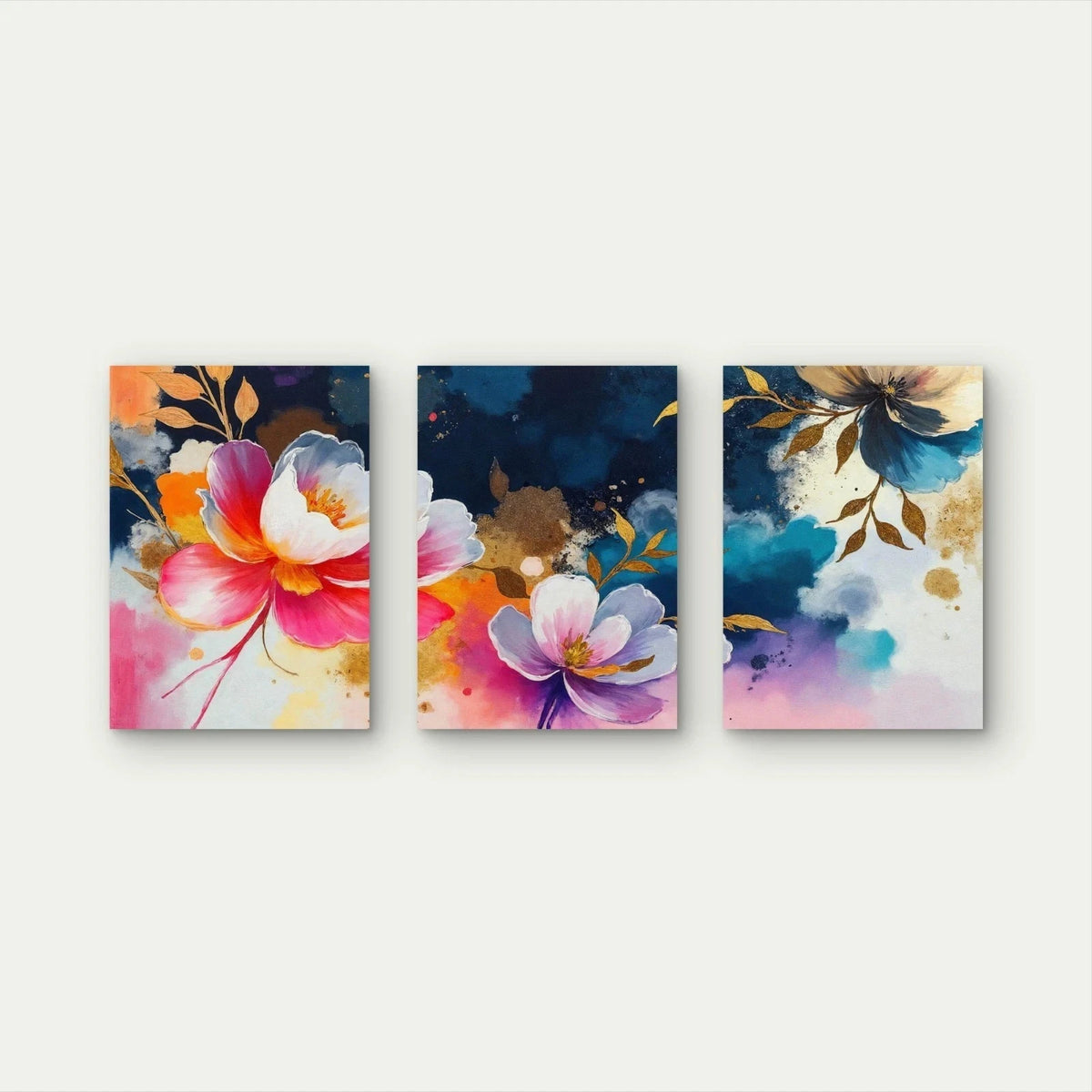 3pcs Vibrant Watercolor Gold Floral Abstract Wall Art Set Canvas Framed 50x70cm - High Quality Print 100% Australian Made Wall Canvas Ready to Hang