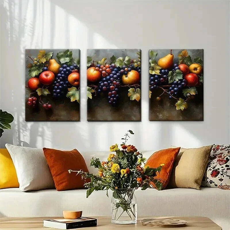 3pcs Classic Still Life Grapes Apple Perfect Wall Art Set Canvas Framed 40x60cm - High Quality Print 100% Australian Made Wall Canvas Ready to Hang