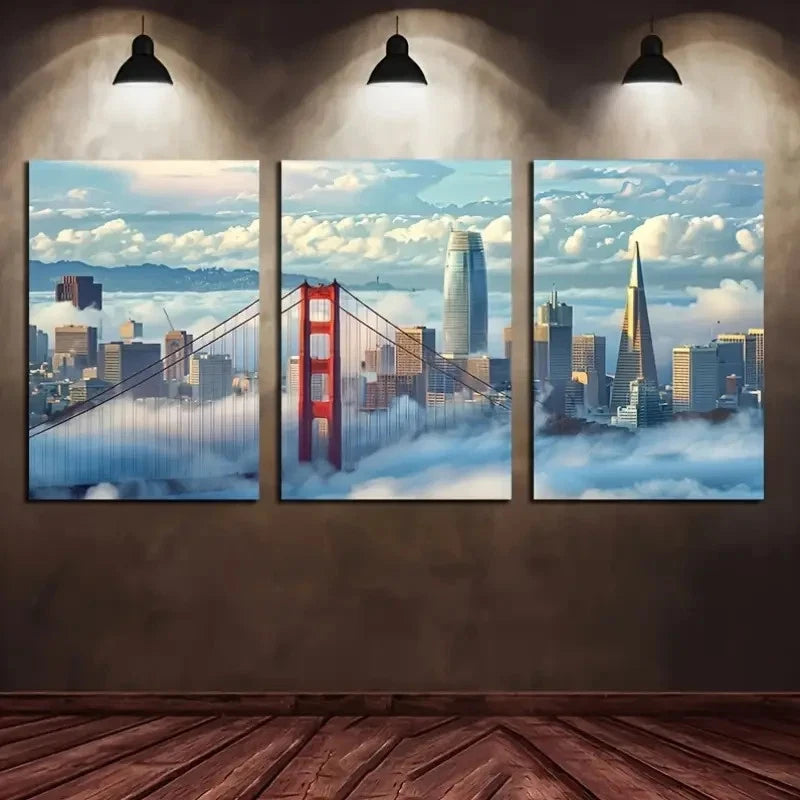 3pcs Stunning Blue And White Skyline Metal Print Ready to Hang Art