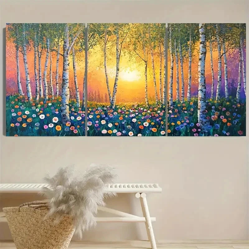 3pcs Dreamy Forest Scene with Wildflowers Metal Print Ready to Hang Art