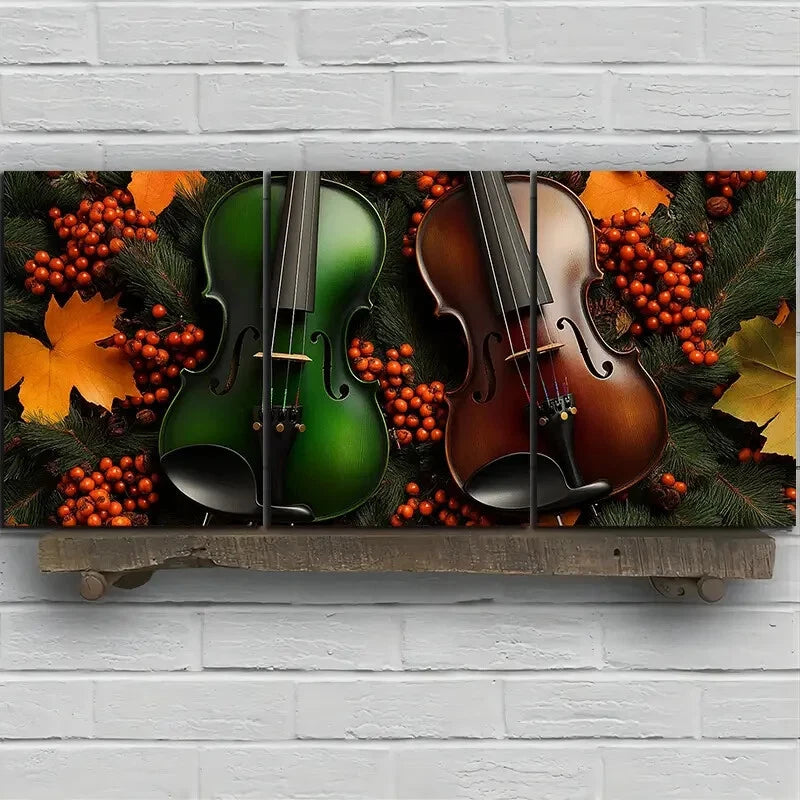 3pcs Chic Cello Trio Gold Leaves Metal Print Ready to Hang Art