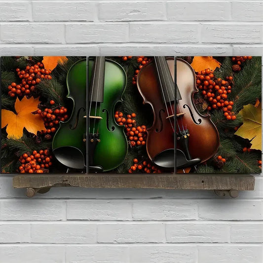 3pcs Chic Cello Trio Gold Leaves Metal Print Ready to Hang Art