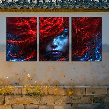 3pcs Vibrant Mysterious Girl Face Theme Metal Print Ready to Hang Art