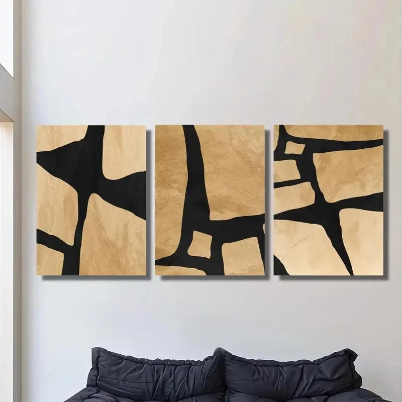 3pcs Geometric Abstract Lines in Beige And Black Metal Print Ready to Hang Art