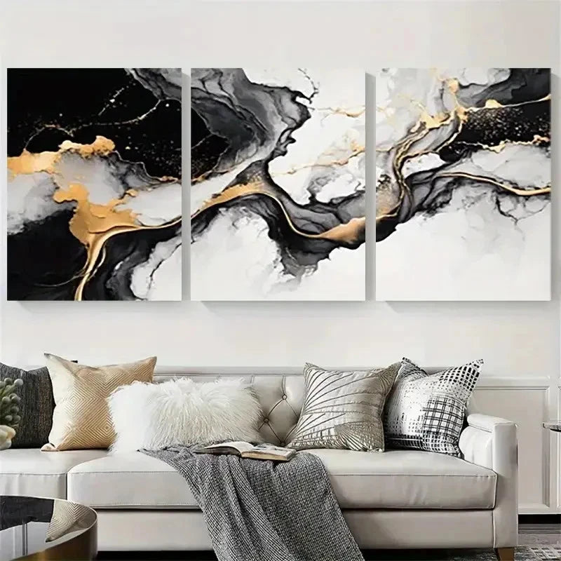 3pcs Black Golden White Fluid Design Wall Art Set Canvas Framed 40x60cm - High Quality Print 100% Australian Made Wall Canvas Ready to Hang