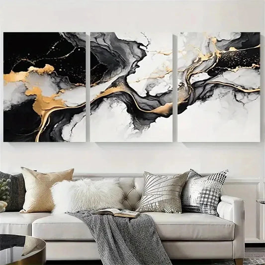 3pcs Black Golden White Fluid Design Wall Art Set Canvas Framed 40x60cm - High Quality Print 100% Australian Made Wall Canvas Ready to Hang