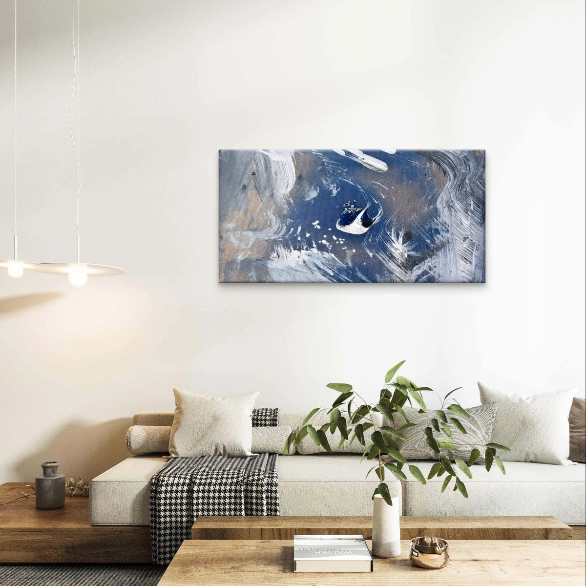 Abstract Blue and Silver Paint Wall Art Canvas Office Home Framed 120x60cm