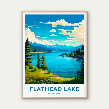 Flathead Lake Montana Vintage Lush Green Travel Poster Print Wall Art
