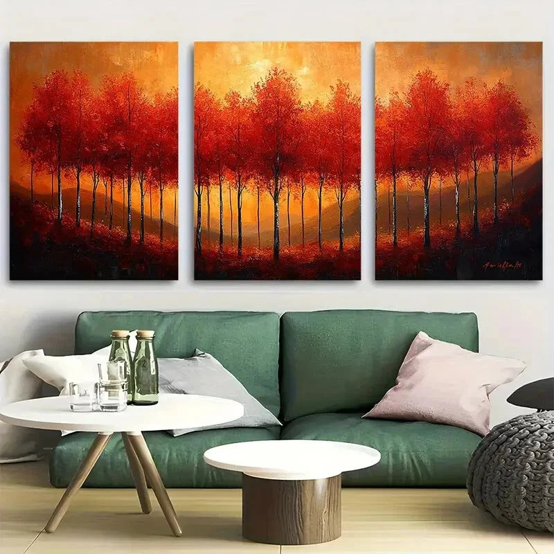 3pcs Red Aspen Trees Autumn Design Metal Print Ready to Hang Art