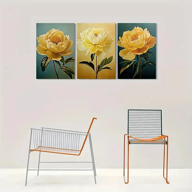 3pcs Golden Peony Florals Green Leaves Metal Print Ready to Hang Art