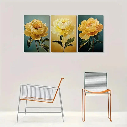 3pcs Golden Peony Florals Green Leaves Metal Print Ready to Hang Art