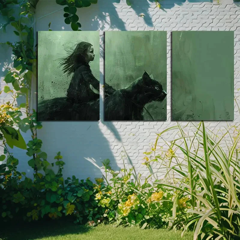 3pcs Girls and Cats Dark Theme Illustration Metal Print Ready to Hang Art