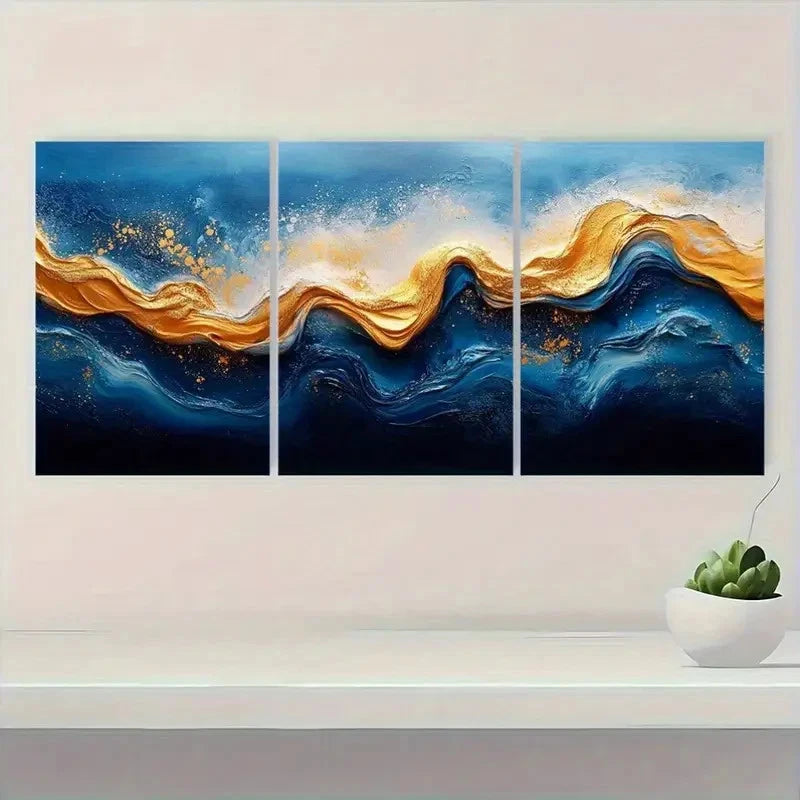 3pcs Abstract Blue & Golden Wave Design Metal Print Ready to Hang Art