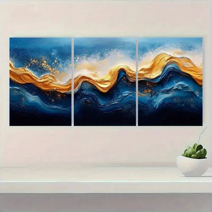 3pcs Abstract Blue & Golden Wave Design Metal Print Ready to Hang Art