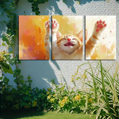 3pcs Vibrant Cat with outstretched hand Metal Print Ready to Hang Art