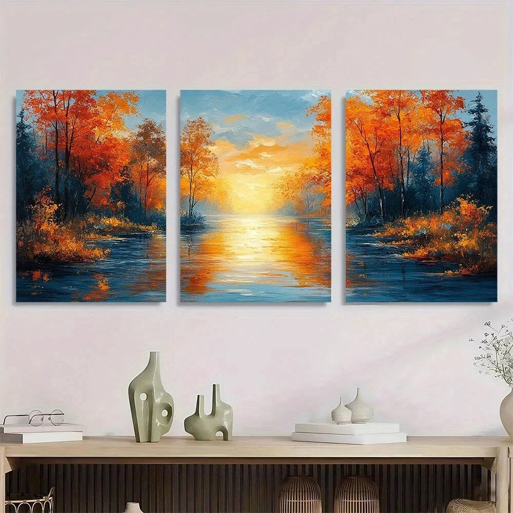 3pcs Vibrant Autumn Sunset Reflection Metal Print Ready to Hang Art
