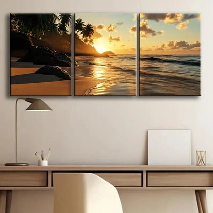 3pcs Sunset at The Tropical Beach Metal Print Ready to Hang Art