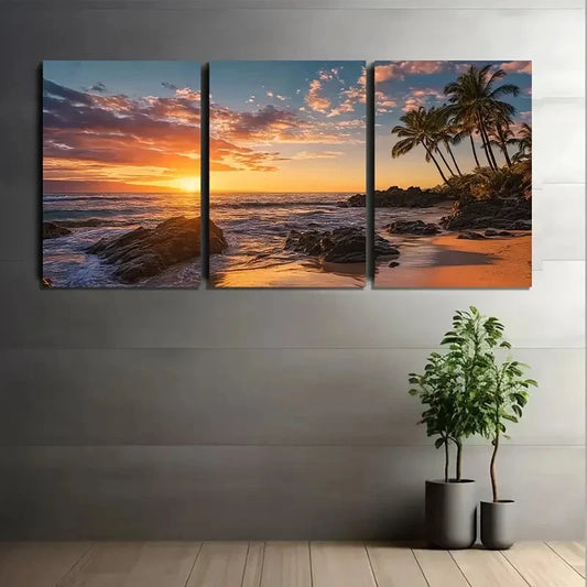 3pcs Sunset Over The Ocean in Hawa Painting Metal Print Ready to Hang Art