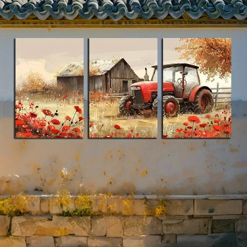 3pcs Tractor with Rustic Barn with Red Florals Metal Print Ready to Hang Art