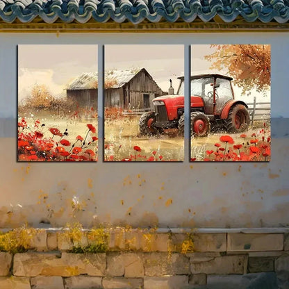 3pcs Tractor with Rustic Barn with Red Florals Metal Print Ready to Hang Art
