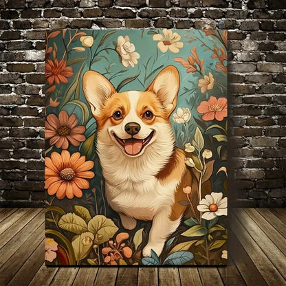 Cute Corgi Dog with Flowers & Plants 40x60cm Metal Print Ready to Hang