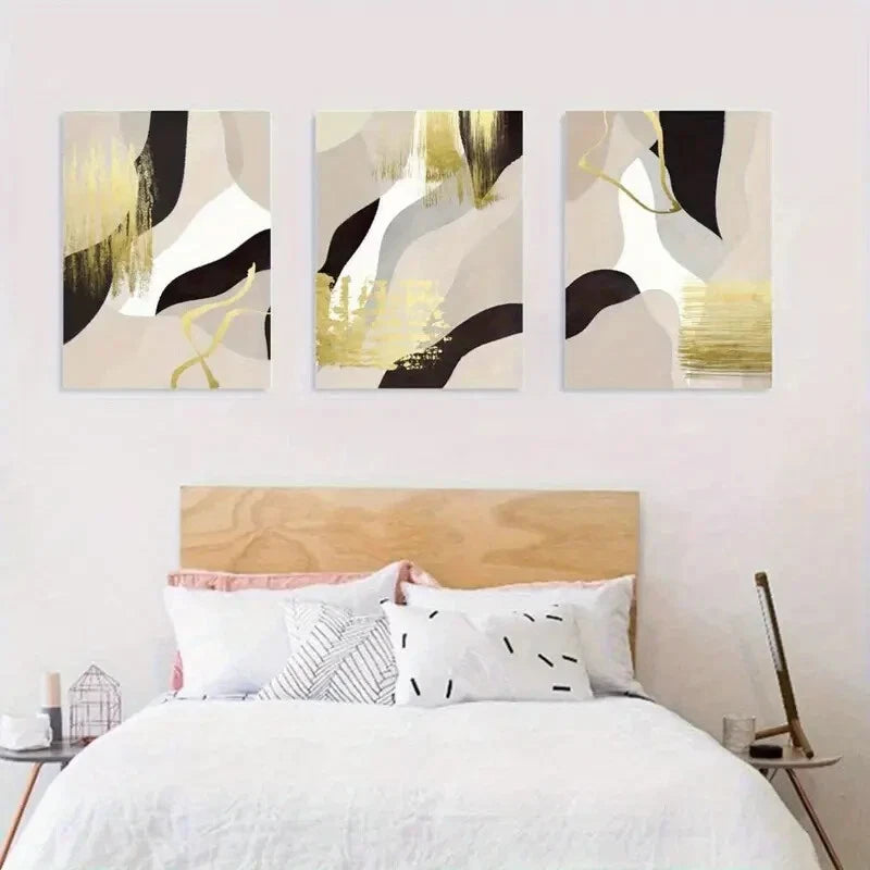 3pcs Abstract Black & Golden Décor Perfect Wall Art Set Canvas Framed 40x60cm - High Quality Print 100% Australian Made Wall Canvas Ready to Hang