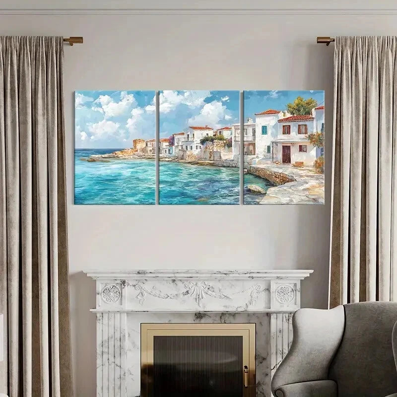 3pcs Mediterranean Coastal Abstract Scenic Art Metal Print Ready to Hang Art