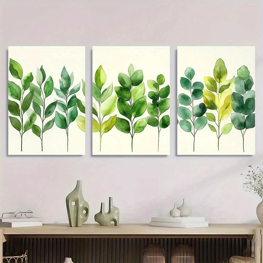 3pcs Eucalyptus and Green Botanical Metal Print Ready to Hang Art