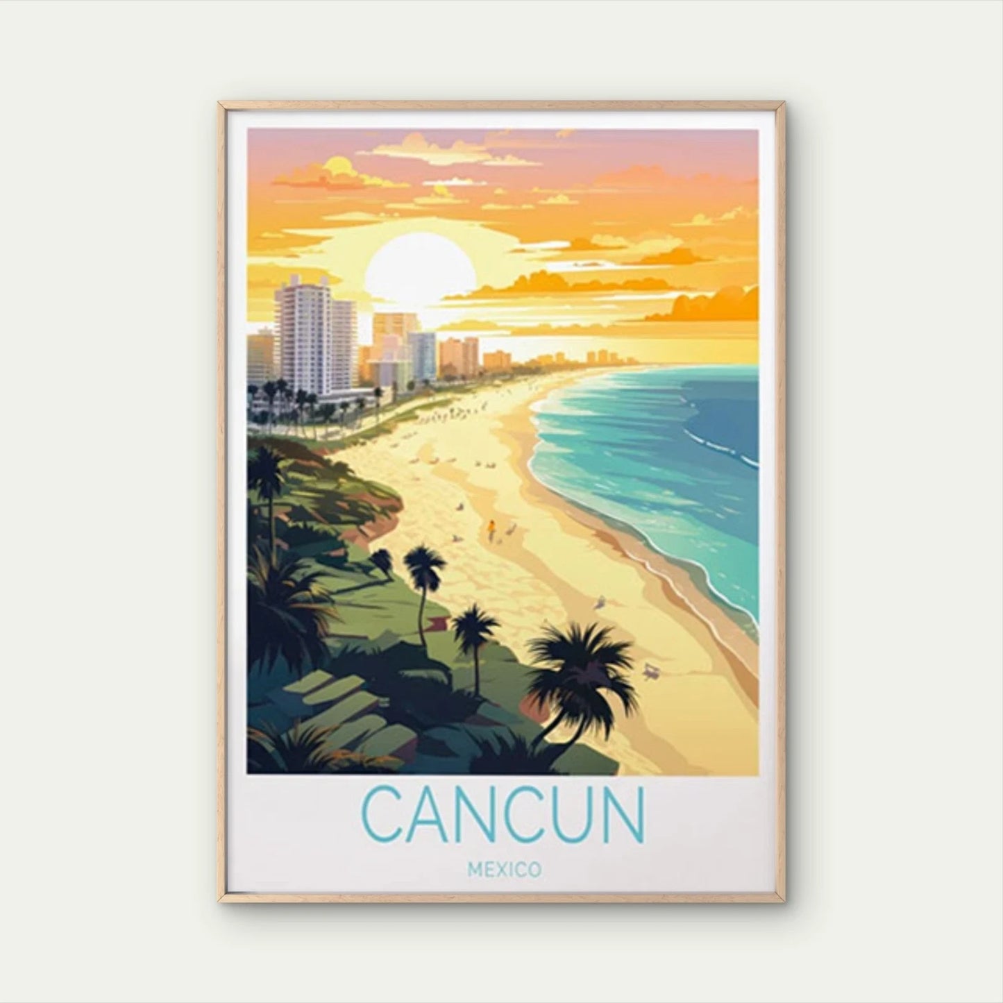 Cancun Mexico Beach, Plam Trees & Sunset Travel Poster Print Wall Art