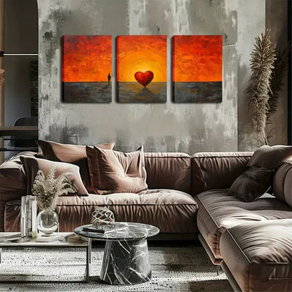 3pcs Man and Red Heart Silhouette, Coastal Lands Wall Art Canvas Unframed - High Quality Print 100% Australian Made Wall Canvas