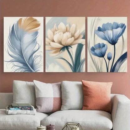 3pcs Blue Feather White Flower Blue Flower Metal Print Ready to Hang Art