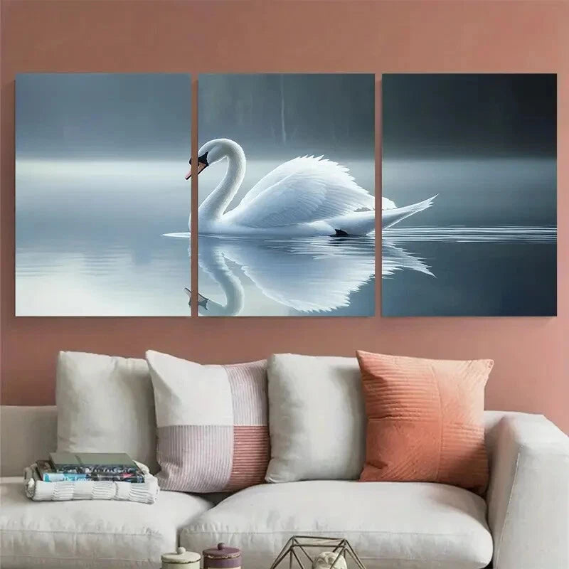 3pcs Elegant White Swan with lake Metal Print Ready to Hang Art