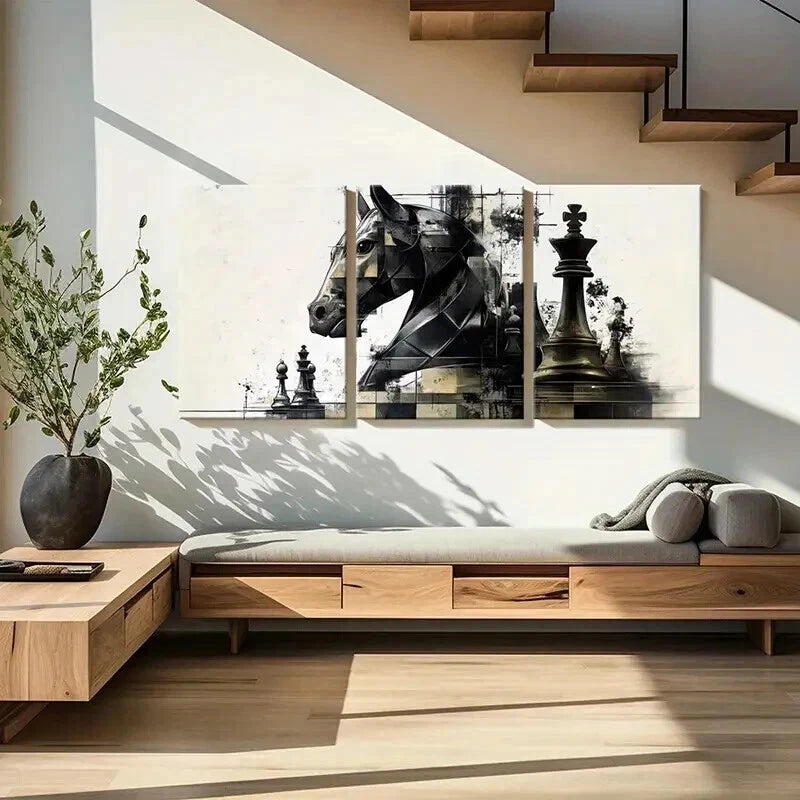 3pcs Pieces in Chess Abstract Artistic Wall Art Set Canvas Framed 40x60cm - High Quality Print 100% Australian Made Wall Canvas Ready to Hang