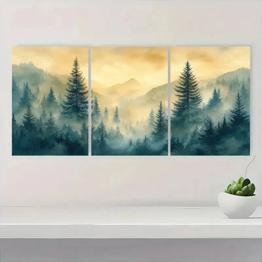 3pcs Serene Forest Landscape with Misty Mountains Metal Print Ready to Hang Art