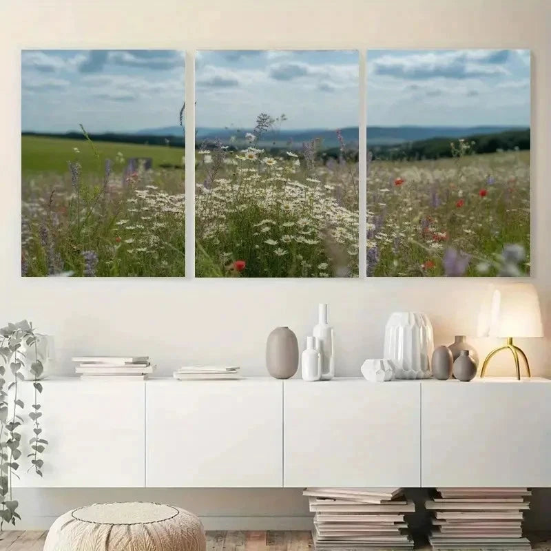 3pcs Wildflowers Meadow Landscape Painting Metal Print Ready to Hang Art