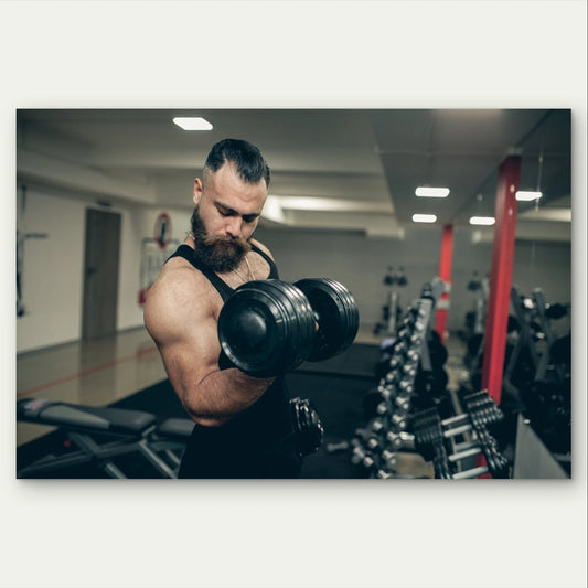 Bearded Athletic Man Lifting Dumbbells 5mm Plastic Poster Ready to Hang 90x60cm