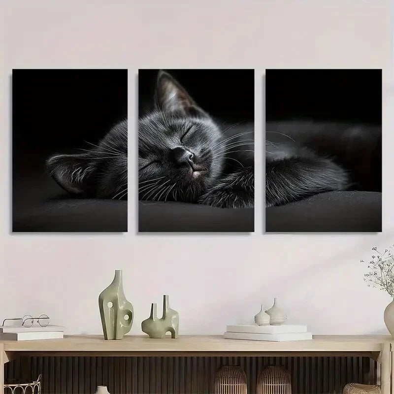 3pcs Farmhouse Style Black Cat Sleeping Metal Print Ready to Hang Art