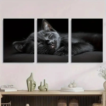 3pcs Farmhouse Style Black Cat Sleeping Metal Print Ready to Hang Art