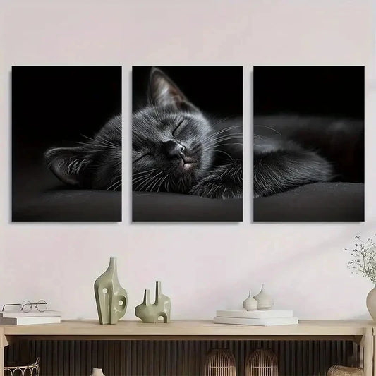3pcs Farmhouse Style Black Cat Sleeping Metal Print Ready to Hang Art