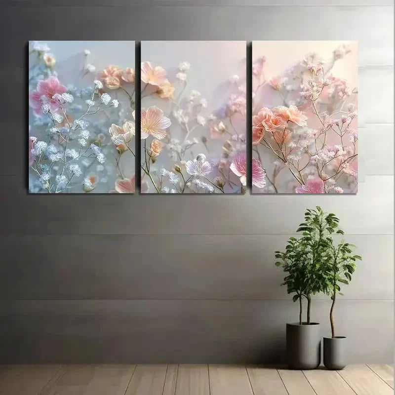 3pcs Colored Wallpaper with Flowers Painting Metal Print Ready to Hang Art