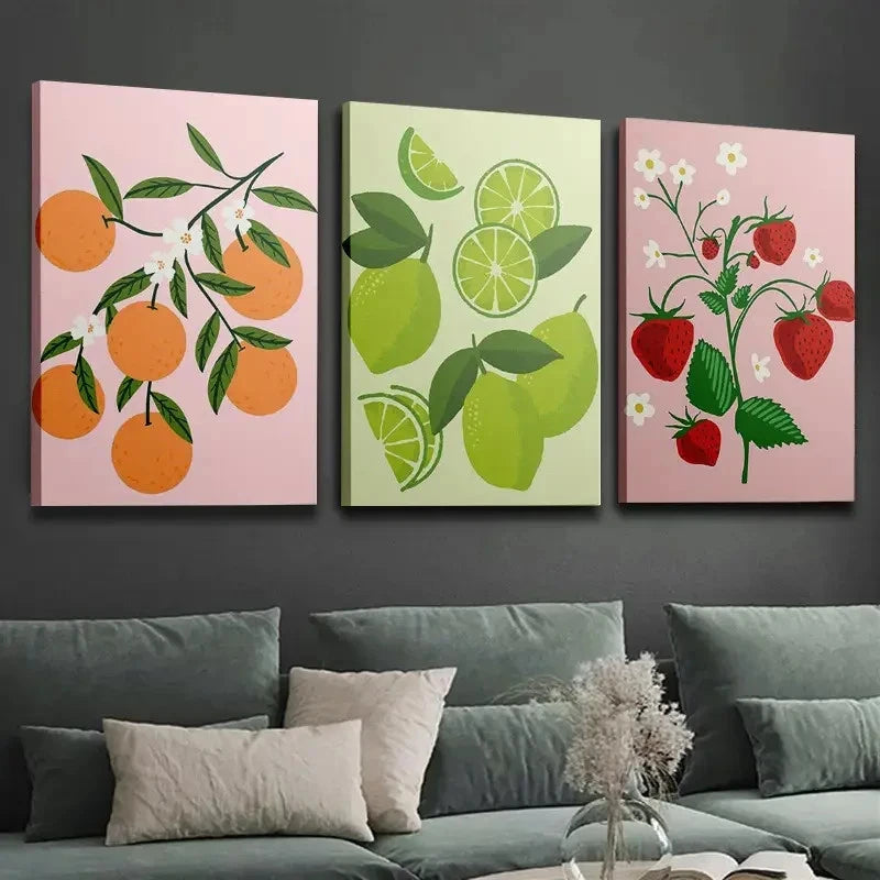 3pcs Vibrant Fruit & Floral Wall Art Set Canvas Framed 40x60cm - High Quality Print 100% Australian Made Wall Canvas Ready to Hang
