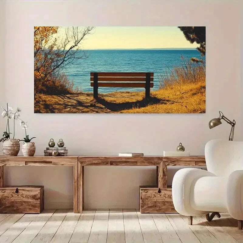 Lone Wooden Bench Beach wall canvas office home room framed 120x60cm - Bella Home Decor