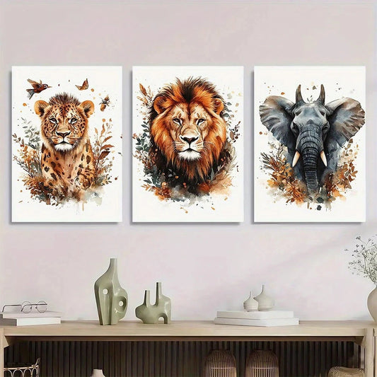 3pcs Animal Lions Elephants Giraffes Metal Print Ready to Hang Art