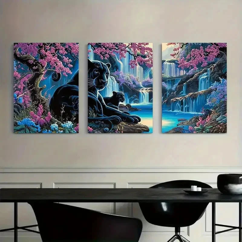 3pcs Black Panther Family Optical Illusion Style Metal Print Ready to Hang Art