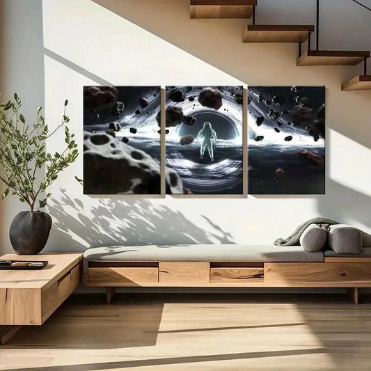 3pcs Space-Themed Astronaut and Black Hole Wall Art Set Canvas Framed 40x60cm - High Quality Print 100% Australian Made Wall Canvas Ready to Hang