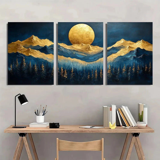 3pcs Blue Golden Painting Abstract Textured Metal Print Ready to Hang Art