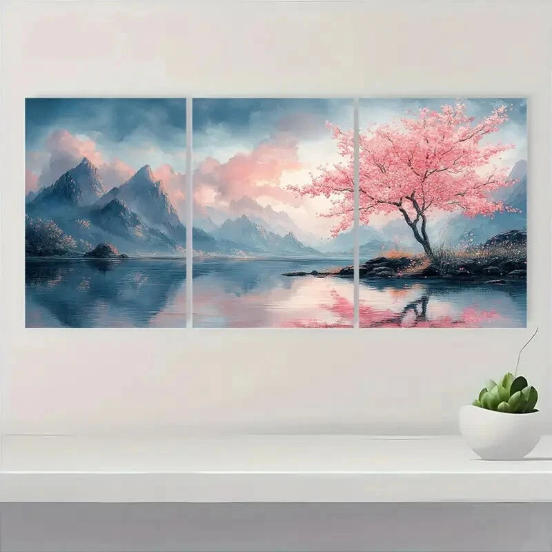3pcs Tranquil Blossoming Cherry Tree Landscape Metal Print Ready to Hang Art